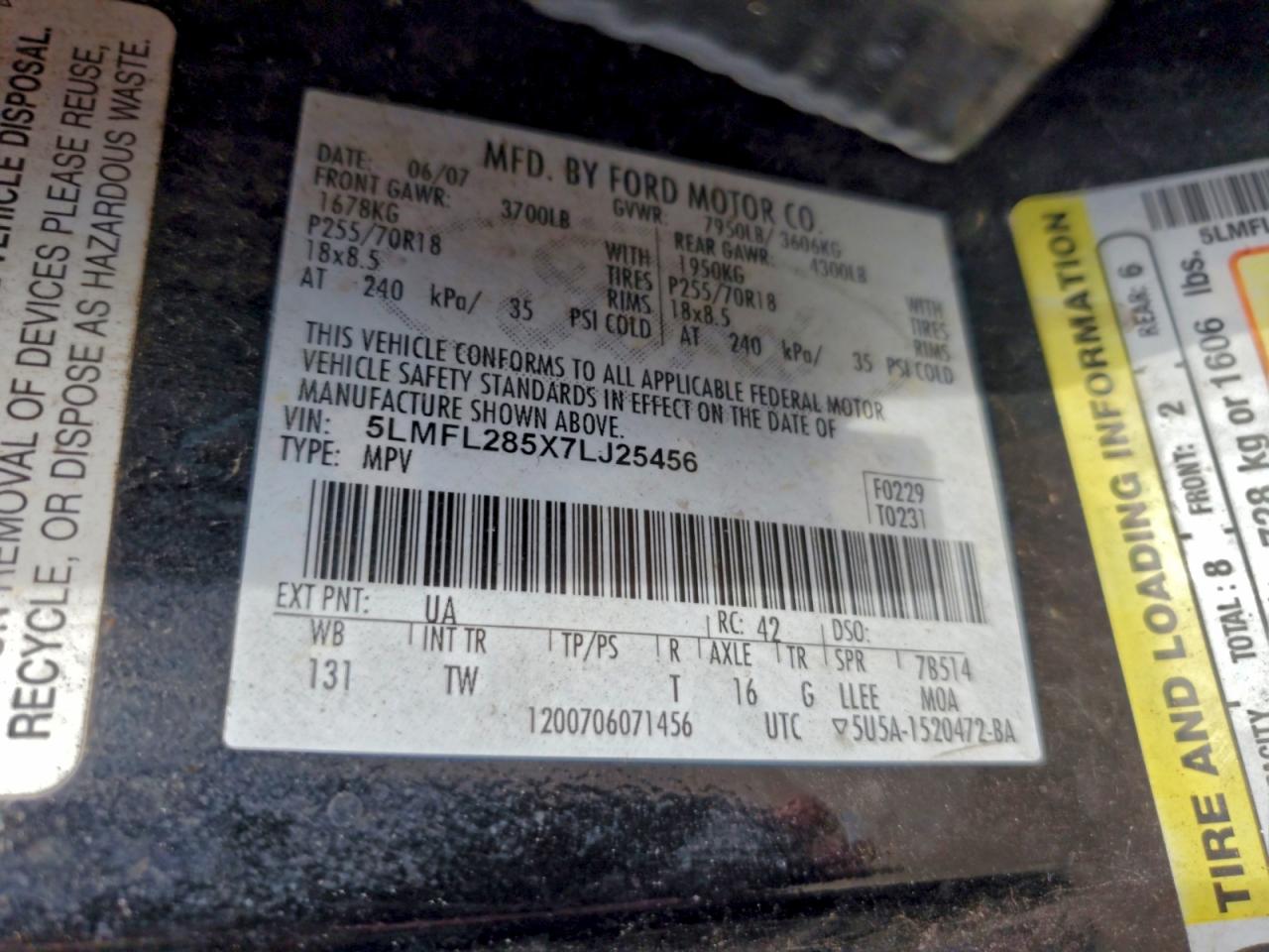 2007 Lincoln Navigator L VIN: 5LMFL285X7LJ25456 Lot: 93255065