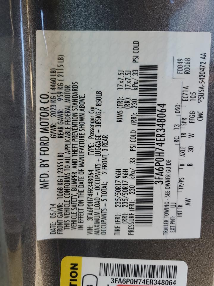 2014 Ford Fusion Se VIN: 3FA6P0H74ER348064 Lot: 93110945