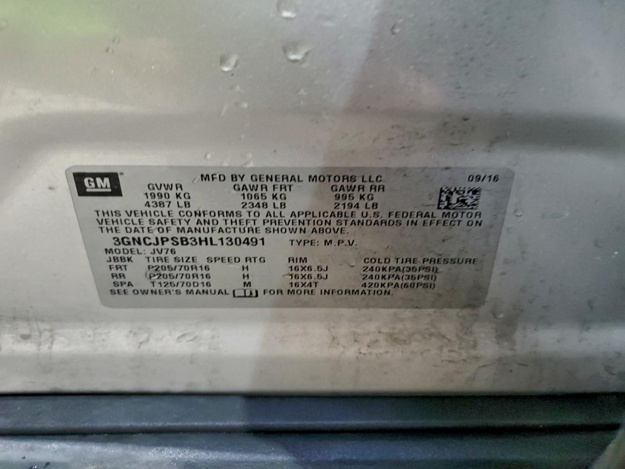 2017 Chevrolet Trax 1Lt VIN: 3GNCJPSB3HL130491 Lot: 91825385