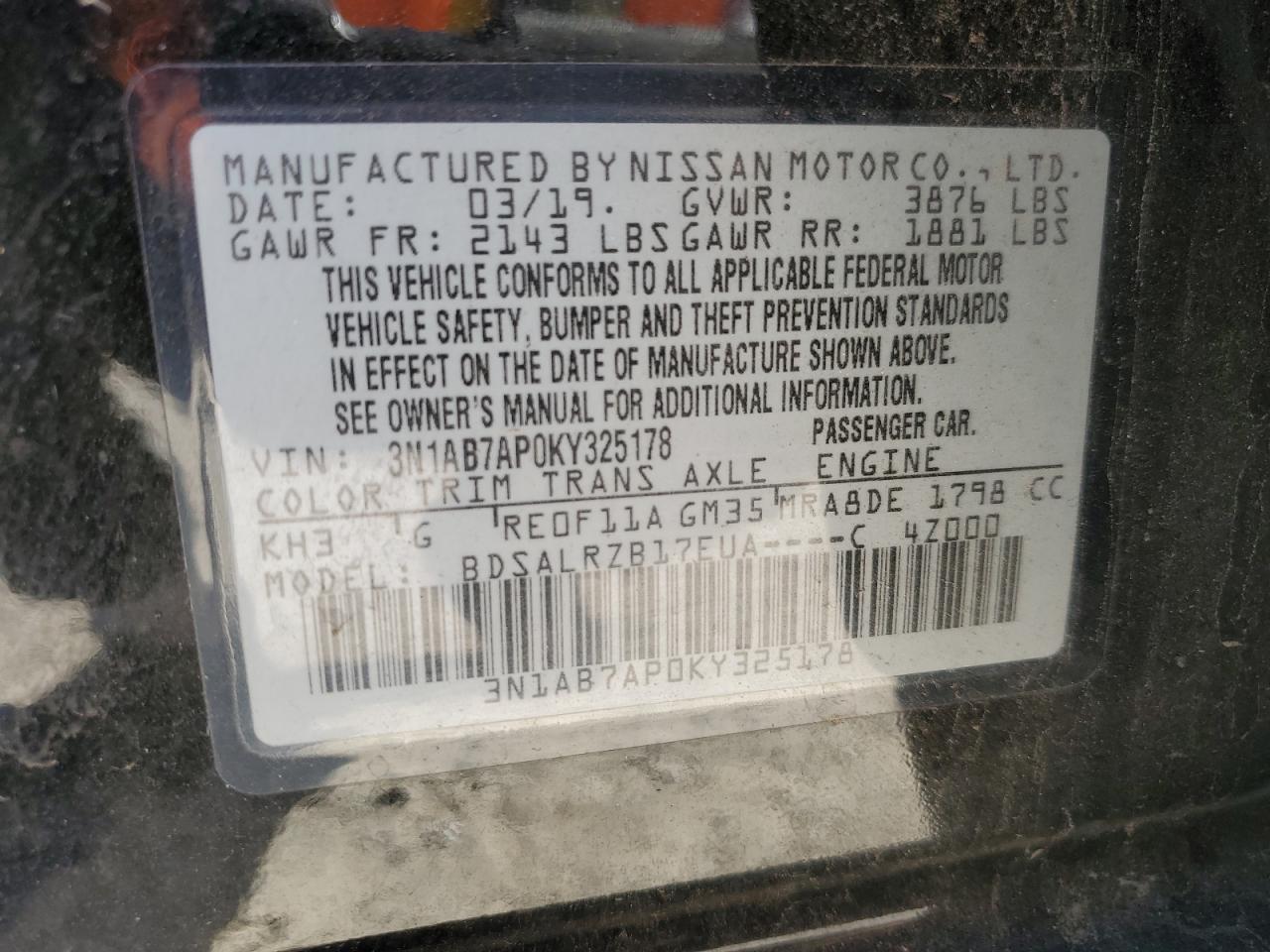 2019 Nissan Sentra S VIN: 3N1AB7AP0KY325178 Lot: 87088955