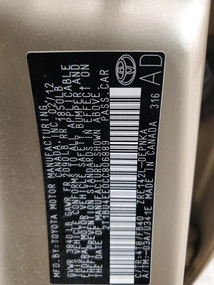 2012 Toyota Corolla Base VIN: 2T1BU4EE0CC806889 Lot: 93184745