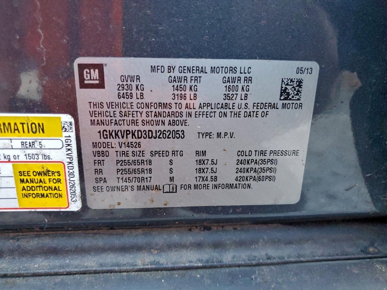 2013 GMC Acadia Sle VIN: 1GKKVPKD3DJ262053 Lot: 94350855