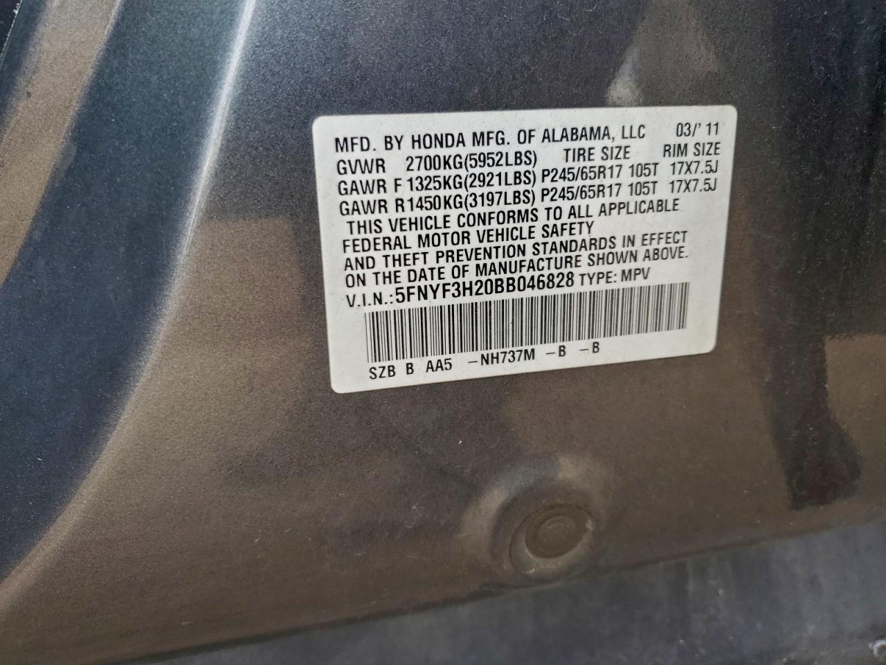 2011 Honda Pilot Lx VIN: 5FNYF3H20BB046828 Lot: 94252515