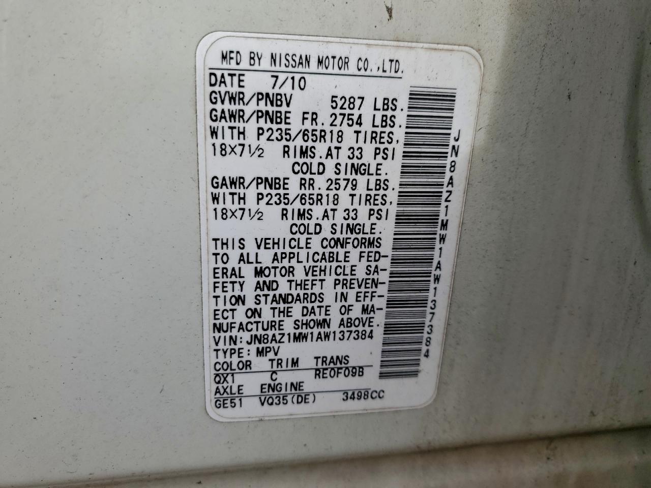 2010 Nissan Murano S VIN: JN8AZ1MW1AW137384 Lot: 93978955