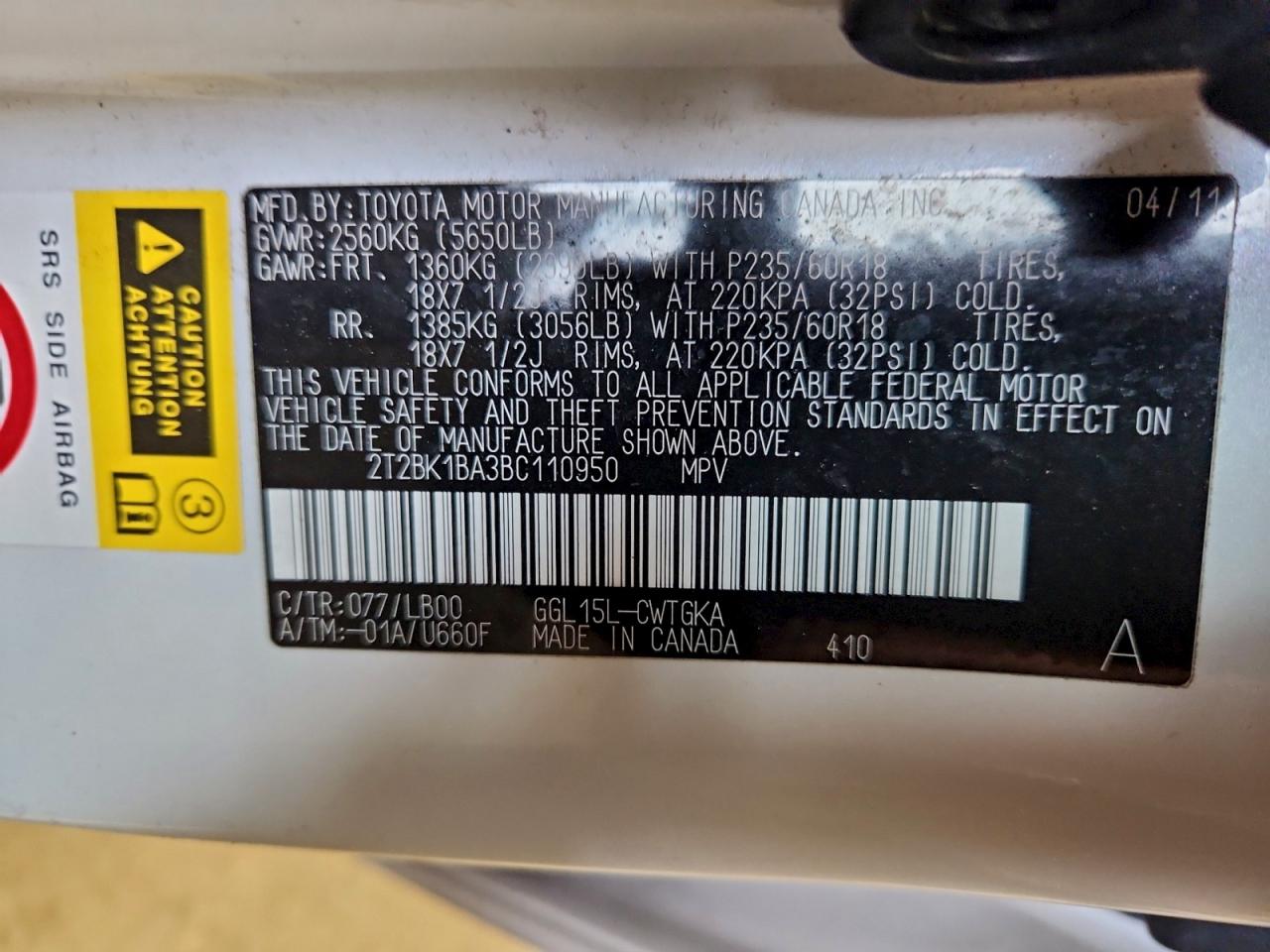 2011 Lexus Rx 350 VIN: 2T2BK1BA3BC110950 Lot: 94180535