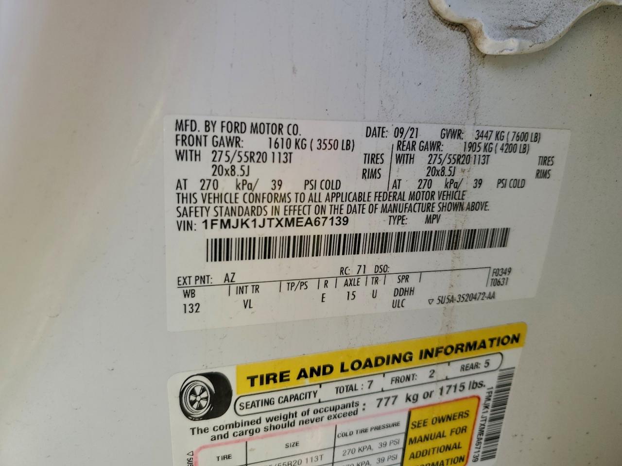 2021 Ford Expedition Max Xlt VIN: 1FMJK1JTXMEA67139 Lot: 94217405