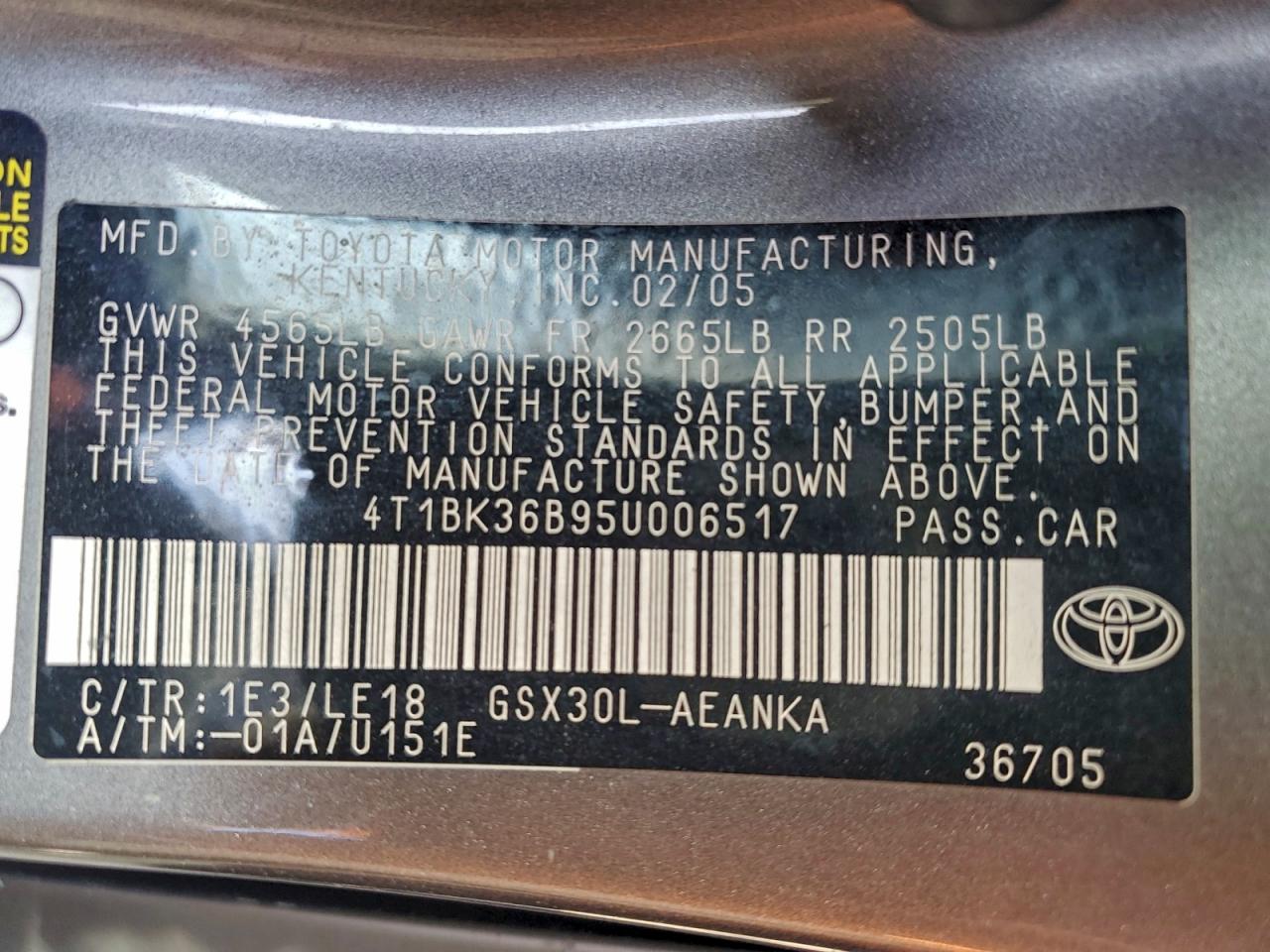 2005 Toyota Avalon Xl VIN: 4T1BK36B95U006517 Lot: 94480435