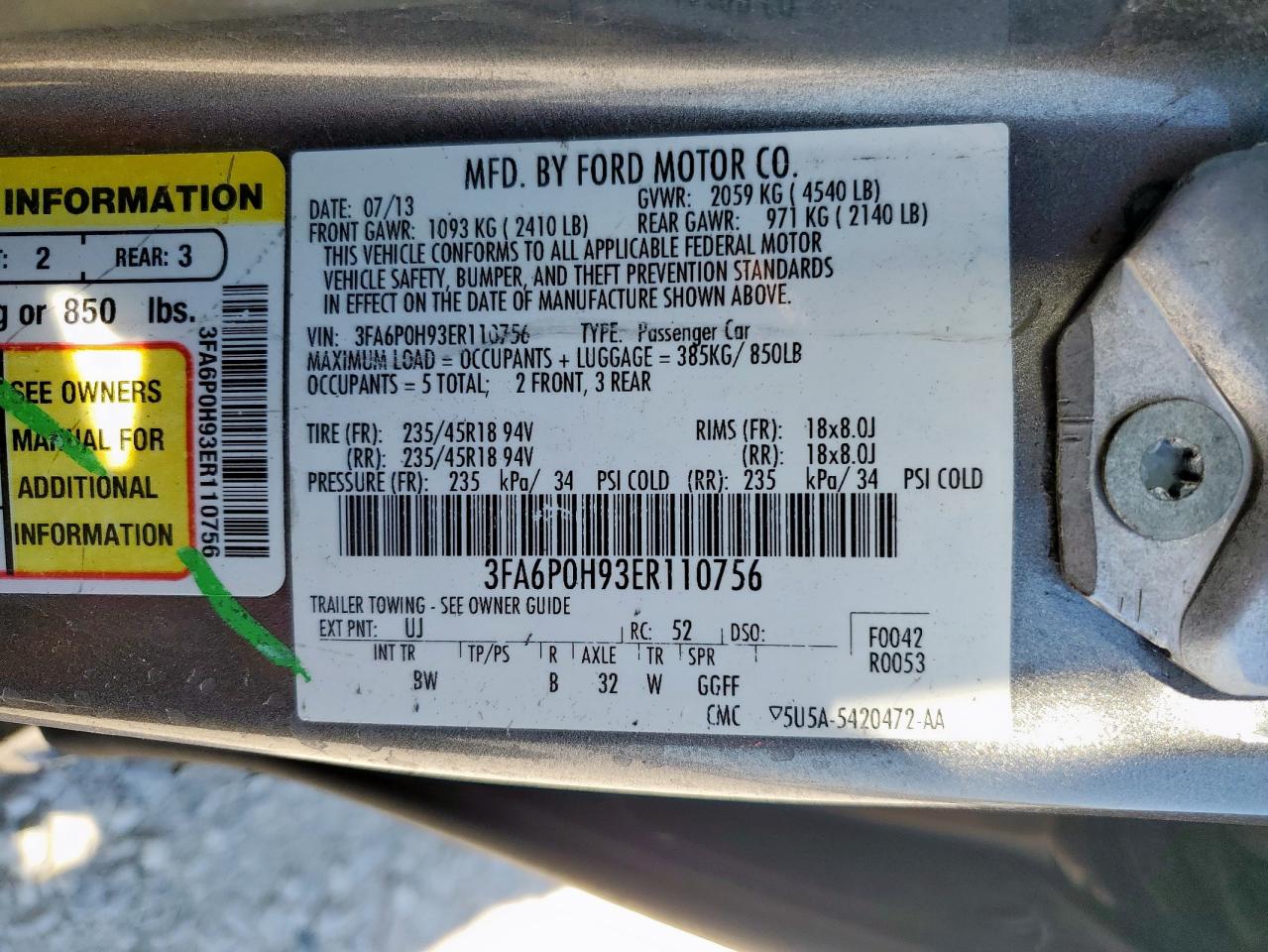 2014 Ford Fusion Se VIN: 3FA6P0H93ER110756 Lot: 92101905