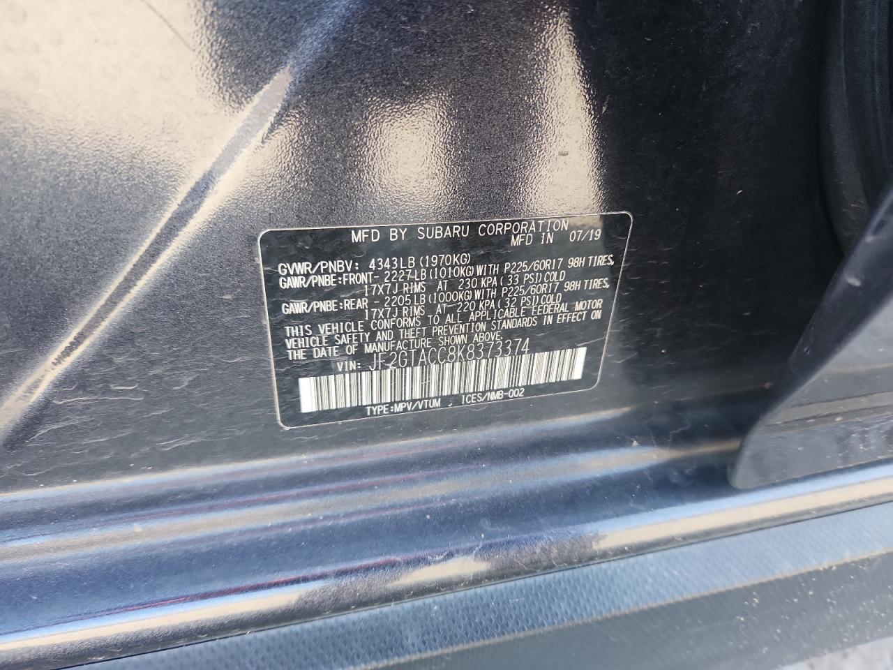 2019 Subaru Crosstrek Premium VIN: JF2GTACC8K8373374 Lot: 93757355