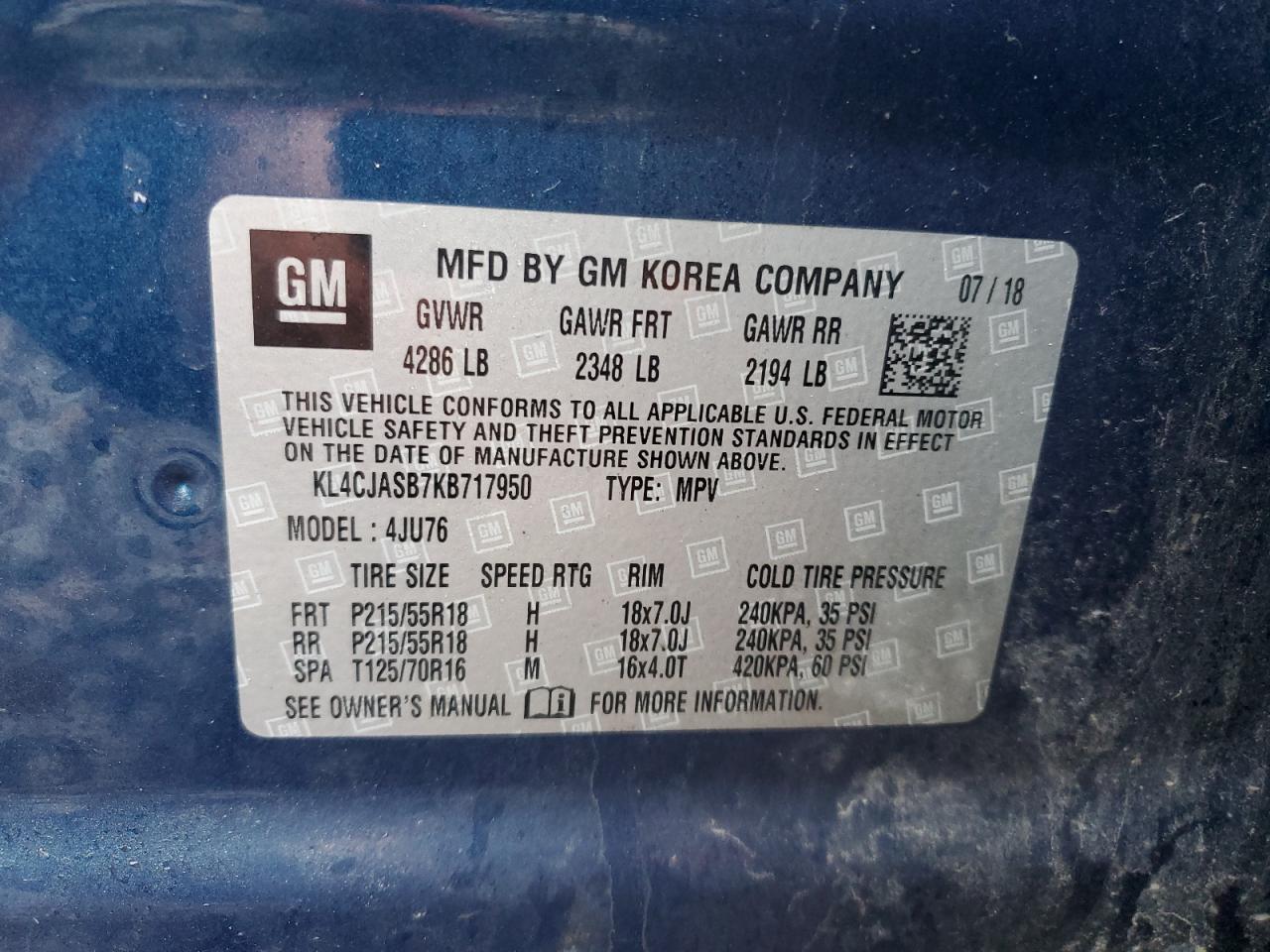 2019 Buick Encore Preferred VIN: KL4CJASB7KB717950 Lot: 93490685