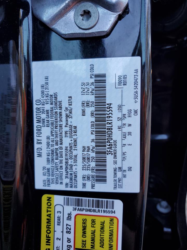 2020 Ford Fusion Se VIN: 3FA6P0HD8LR195594 Lot: 90470145