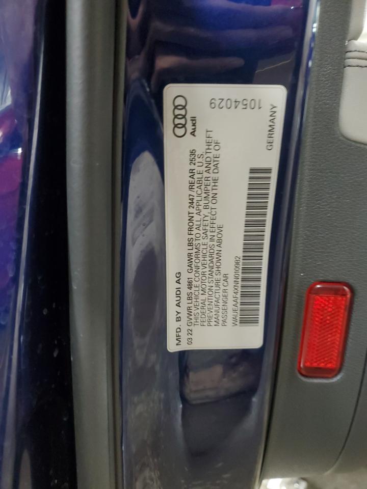 2022 Audi A4 Premium Plus 45 VIN: WAUEAAF4XNN010982 Lot: 92001935
