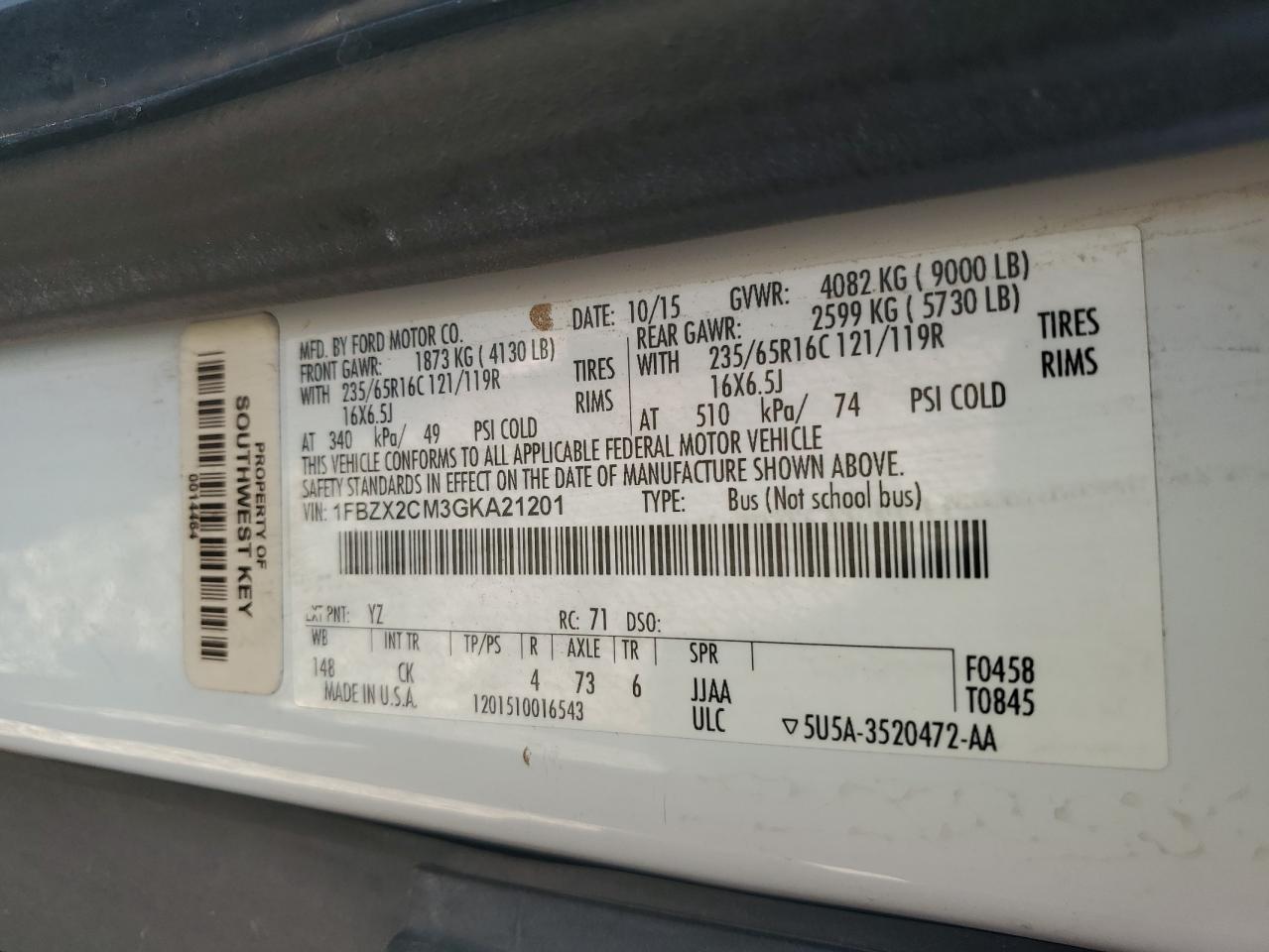 2016 Ford Transit T-350 VIN: 1FBZX2CM3GKA21201 Lot: 91264525