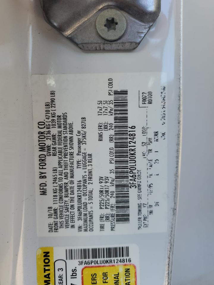 2019 Ford Fusion Se VIN: 3FA6P0LU0KR124816 Lot: 56829205