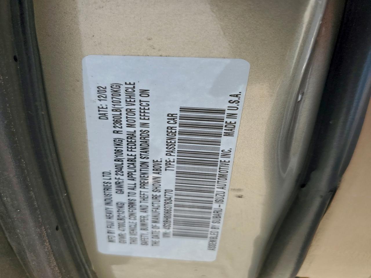 2003 Subaru Legacy Outback H6 3.0 Ll Bean VIN: 4S3BH806637634770 Lot: 94055505