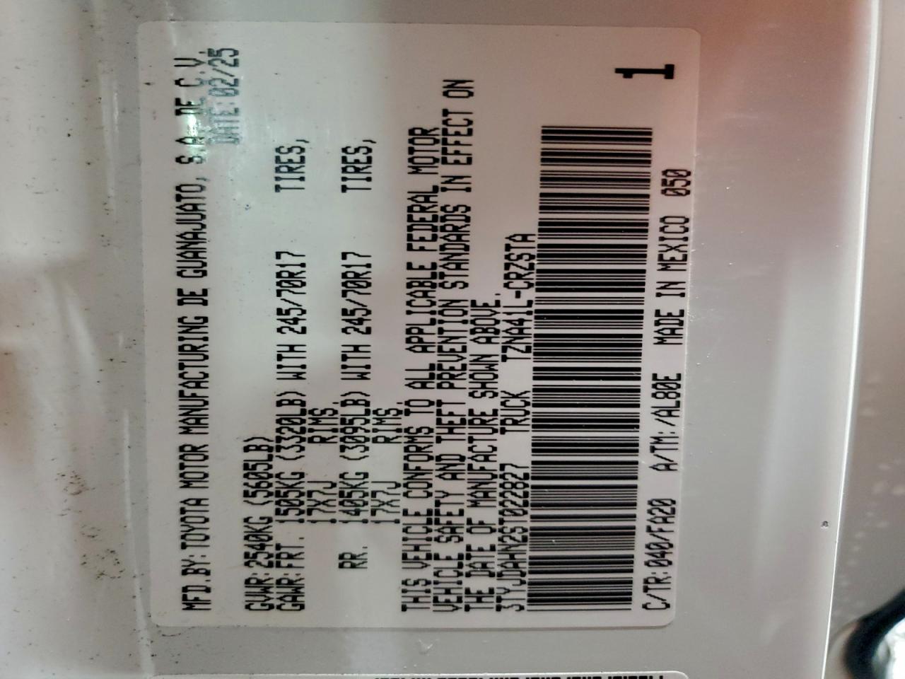 2025 Toyota Tacoma Xtracab VIN: 3TYJDAHN2ST022827 Lot: 94084855