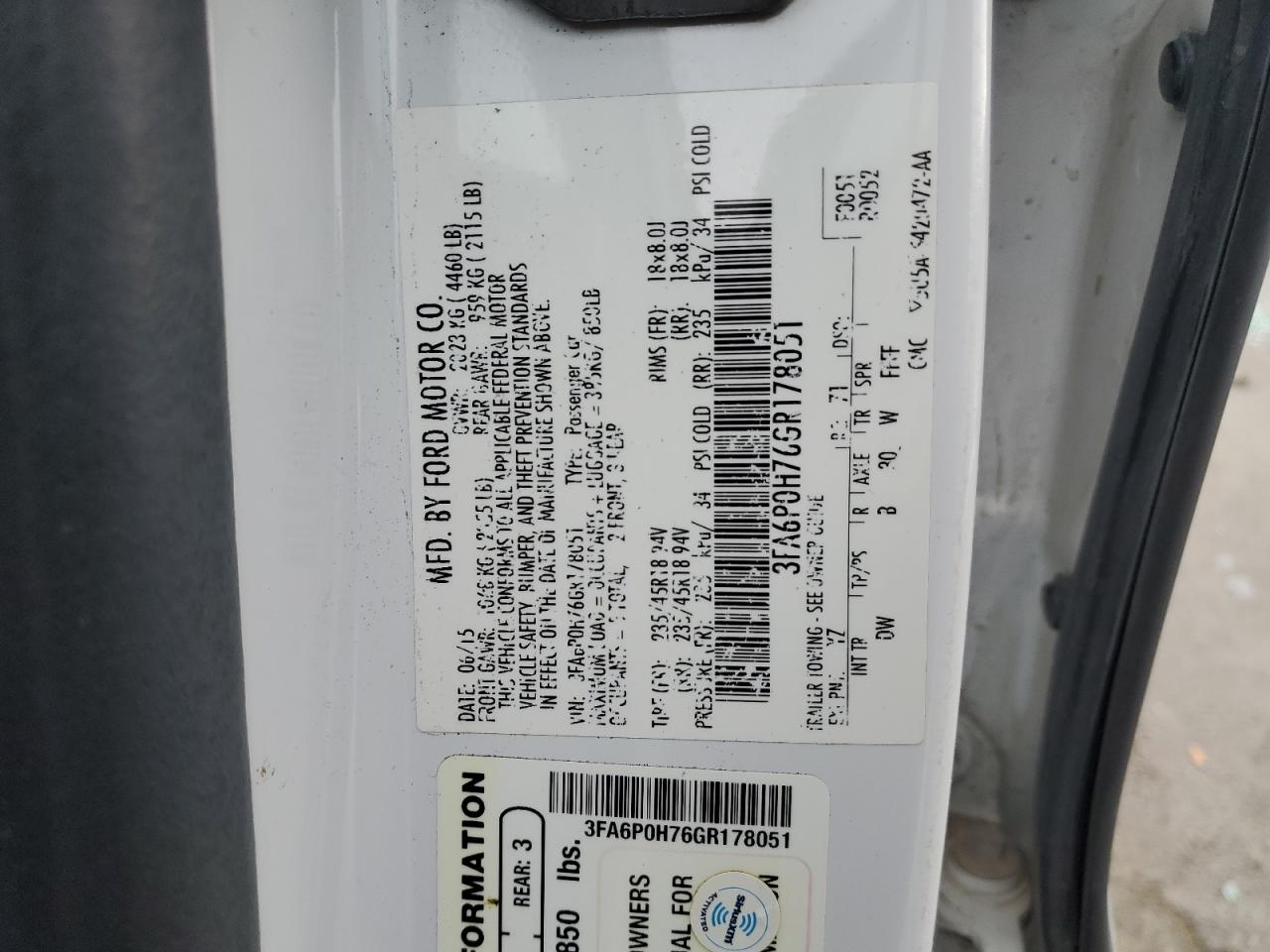 2016 Ford Fusion Se VIN: 3FA6P0H76GR178051 Lot: 93400545