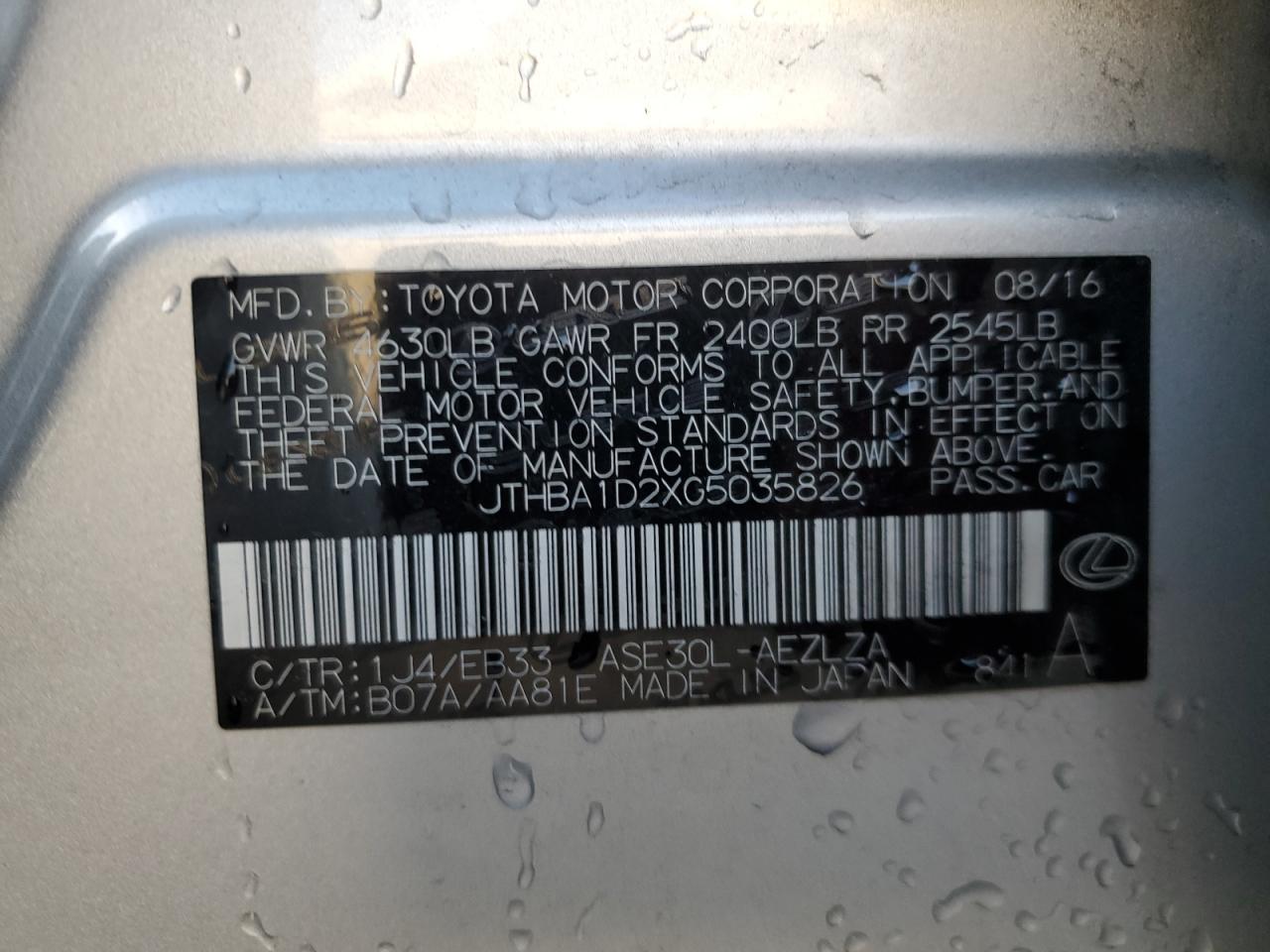 2016 Lexus Is 200T VIN: JTHBA1D2XG5035826 Lot: 92352655