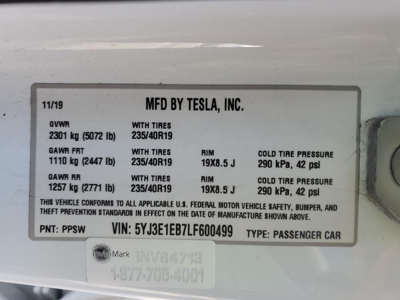 2020 Tesla Model 3 VIN: 5YJ3E1EB7LF600499 Lot: 93289585
