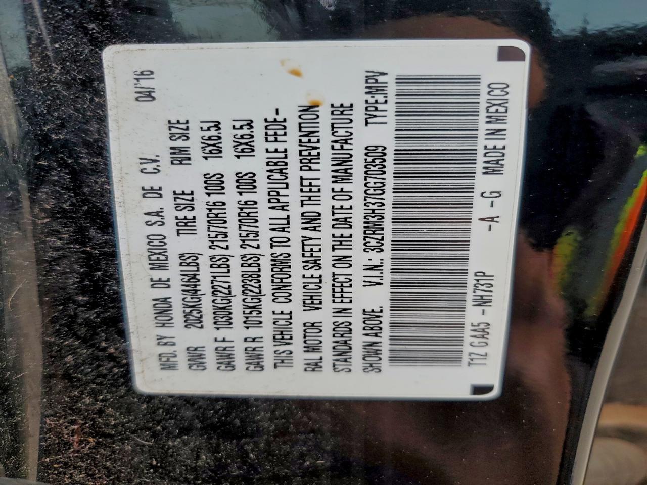 2016 Honda Cr-V Lx VIN: 3CZRM3H37GG703509 Lot: 94168335