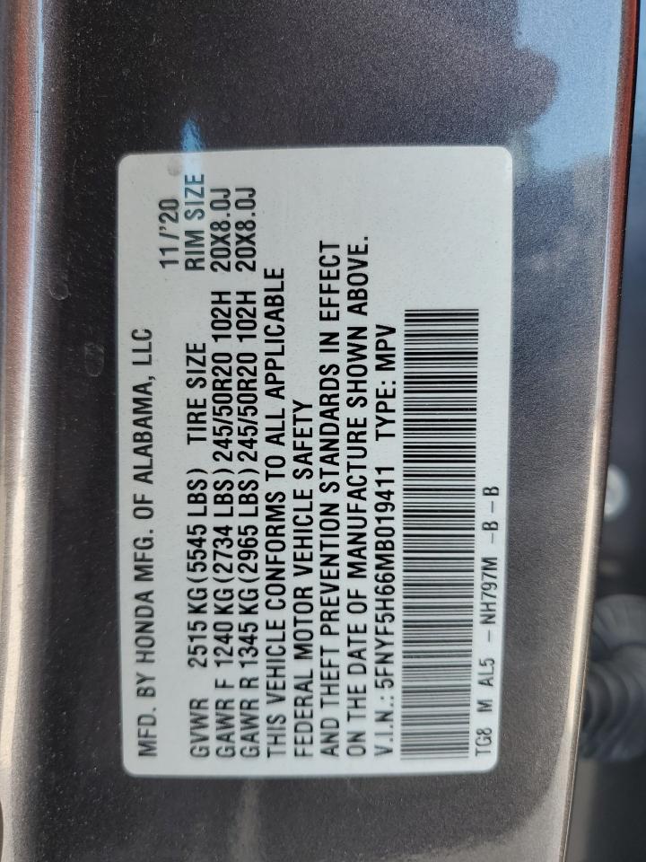 2021 Honda Pilot Touring VIN: 5FNYF5H66MB019411 Lot: 92890095