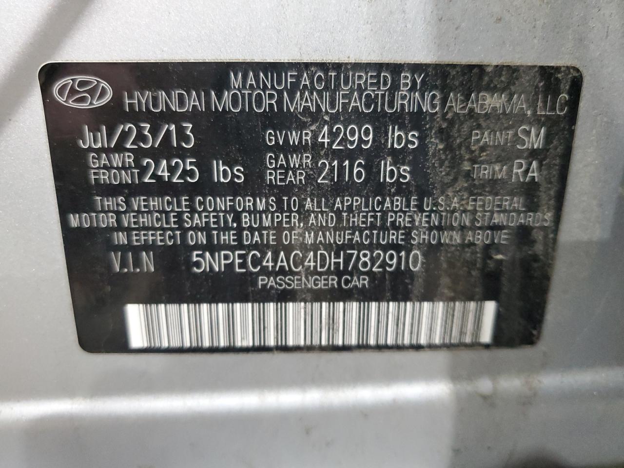 2013 Hyundai Sonata Se VIN: 5NPEC4AC4DH782910 Lot: 93204885