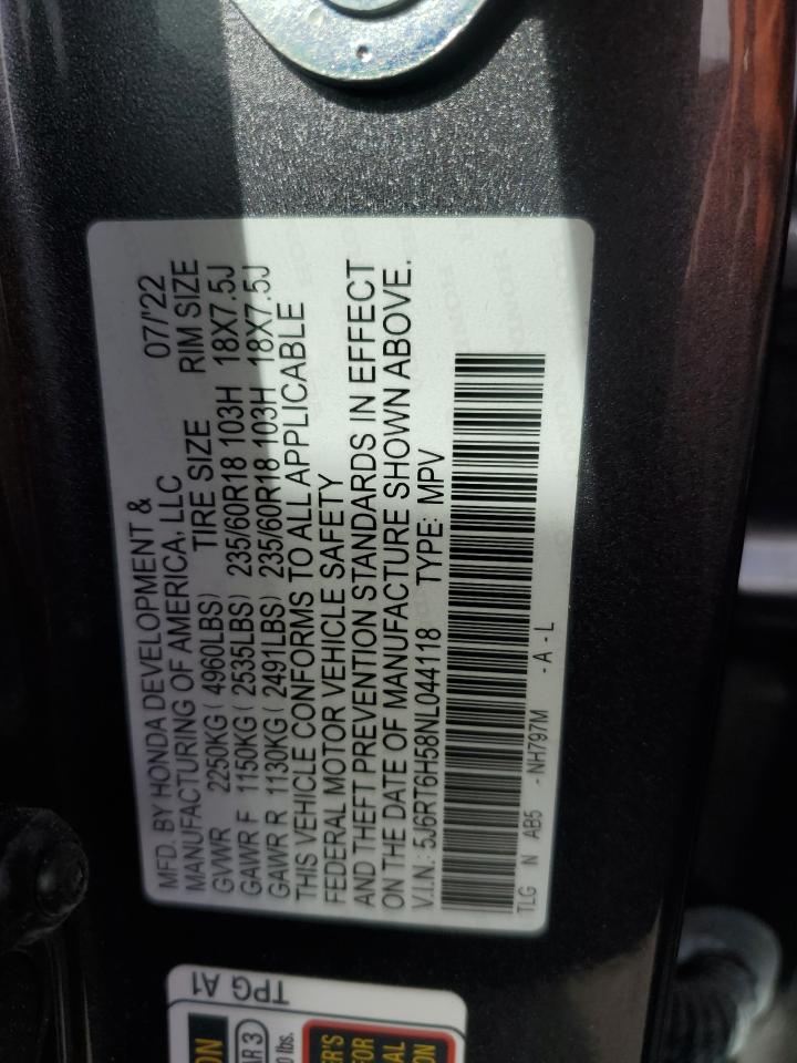 2022 Honda Cr-V Ex VIN: 5J6RT6H58NL044118 Lot: 91925565