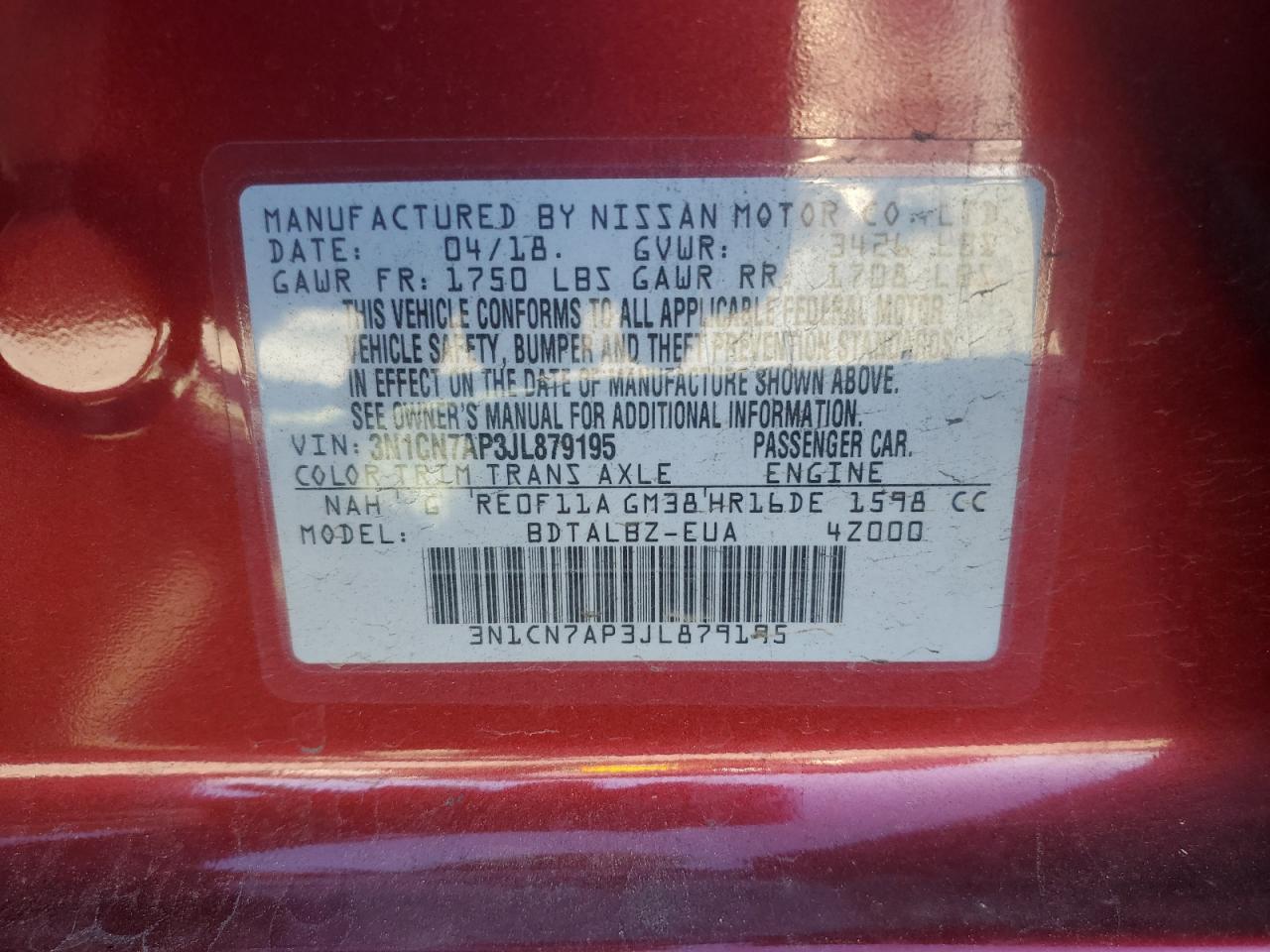 2018 Nissan Versa S VIN: 3N1CN7AP3JL879195 Lot: 90891465