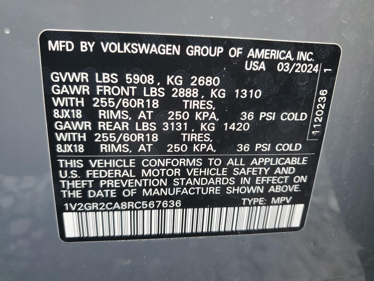 2024 Volkswagen Atlas Peak Edition Sel VIN: 1V2GR2CA8RC567636 Lot: 93476615