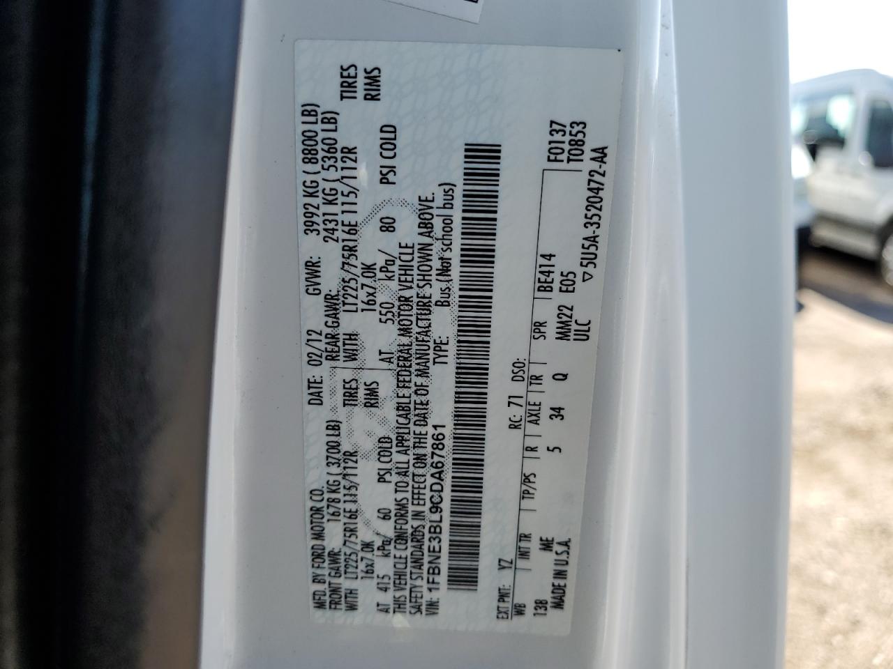 2012 Ford Econoline E350 Super Duty Wagon VIN: 1FBNE3BL9CDA67861 Lot: 91510315