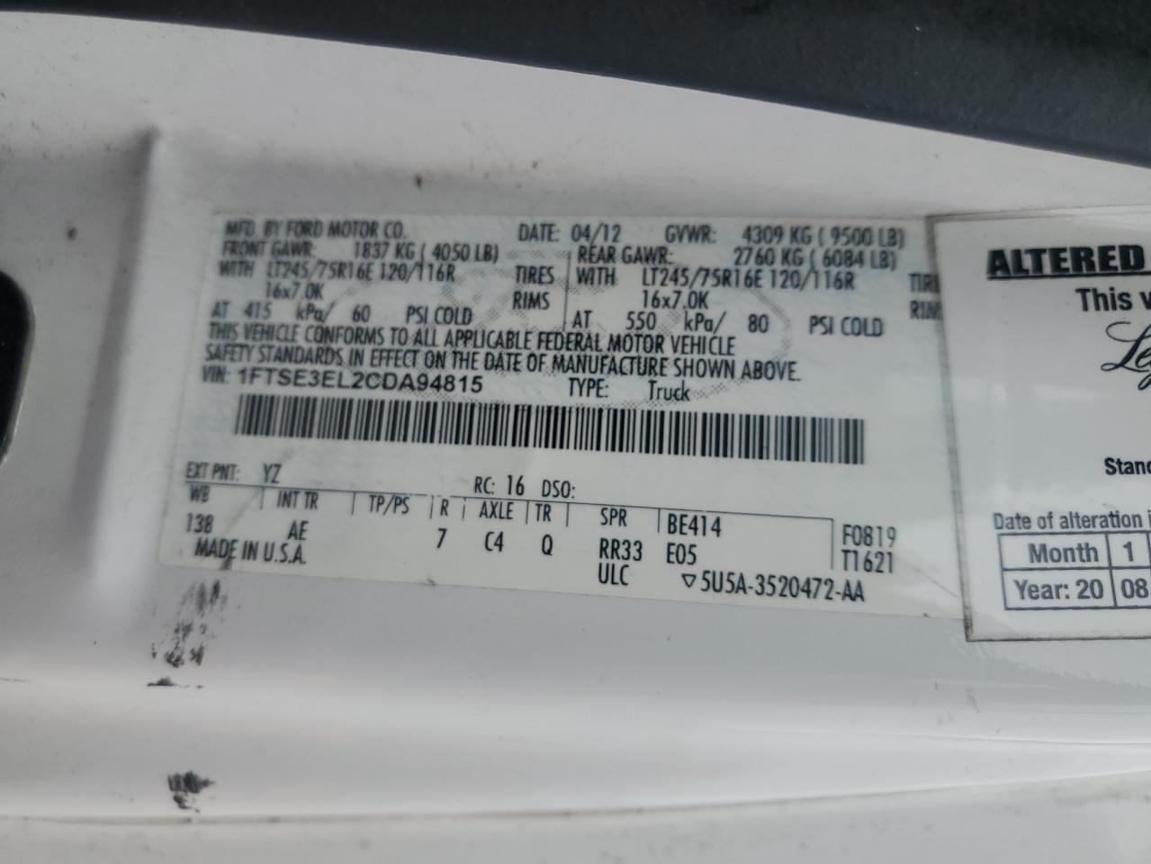 2012 Ford E350 Delivery Van VIN: 1FTSE3EL2CDA94815 Lot: 93208995