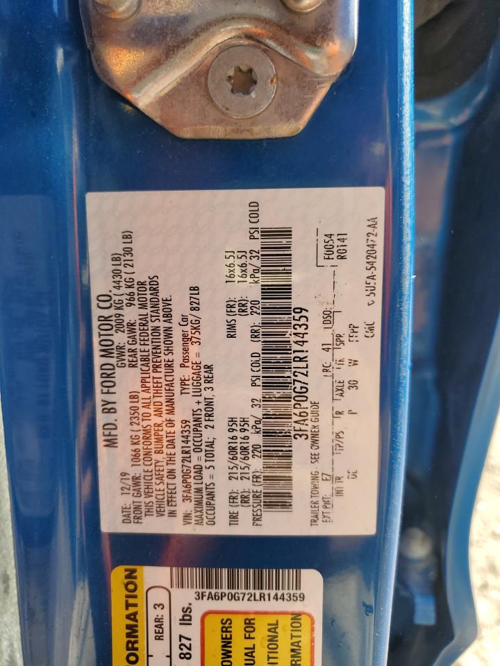 2020 Ford Fusion S VIN: 3FA6P0G72LR144359 Lot: 91006225