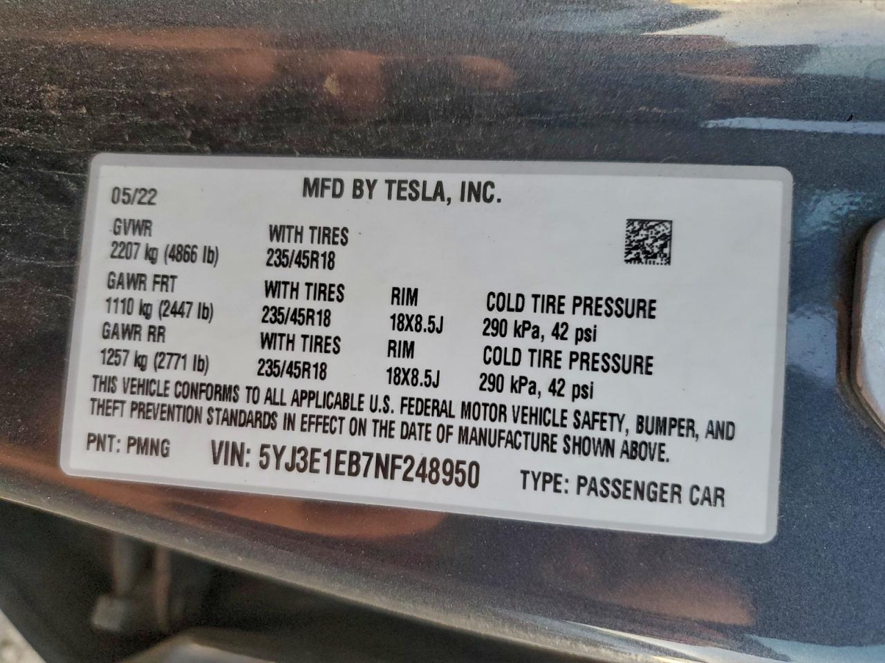 2022 Tesla Model 3 VIN: 5YJ3E1EB7NF248950 Lot: 94755975