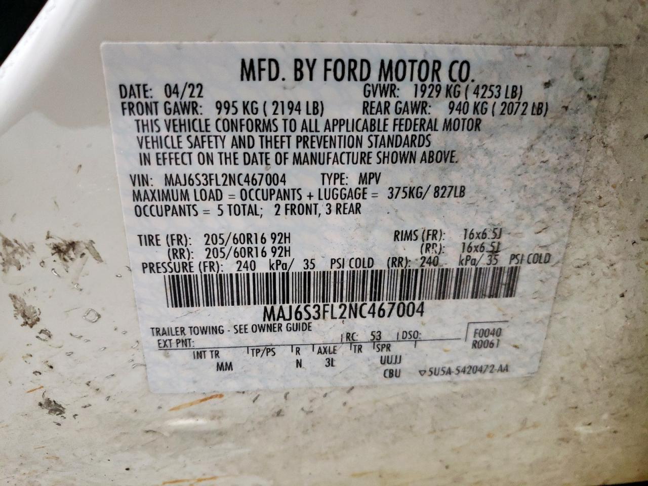 2022 Ford Ecosport S VIN: MAJ6S3FL2NC467004 Lot: 92056515