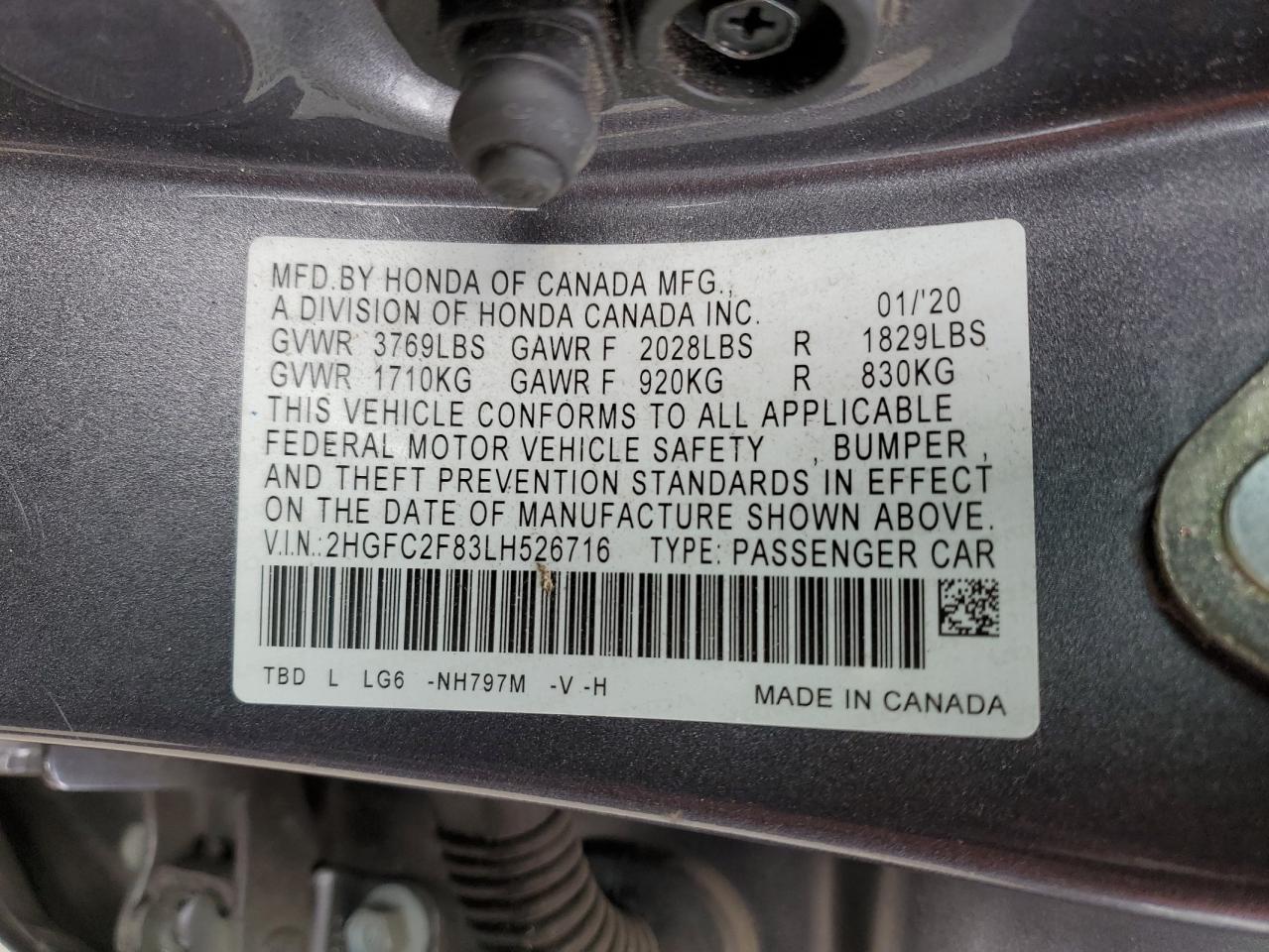 2020 Honda Civic Sport VIN: 2HGFC2F83LH526716 Lot: 92991275