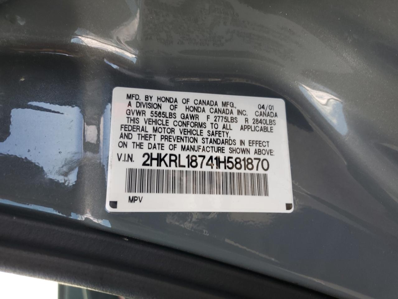 2001 Honda Odyssey Ex VIN: 2HKRL18741H581870 Lot: 93031535