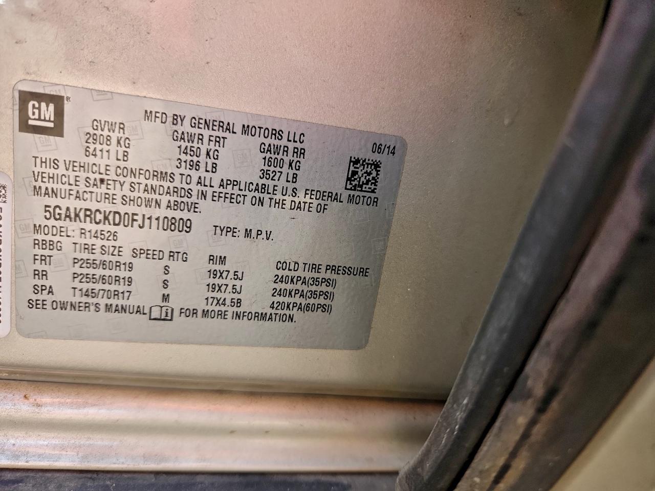 2015 Buick Enclave VIN: 5GAKRCKD0FJ110809 Lot: 93773855