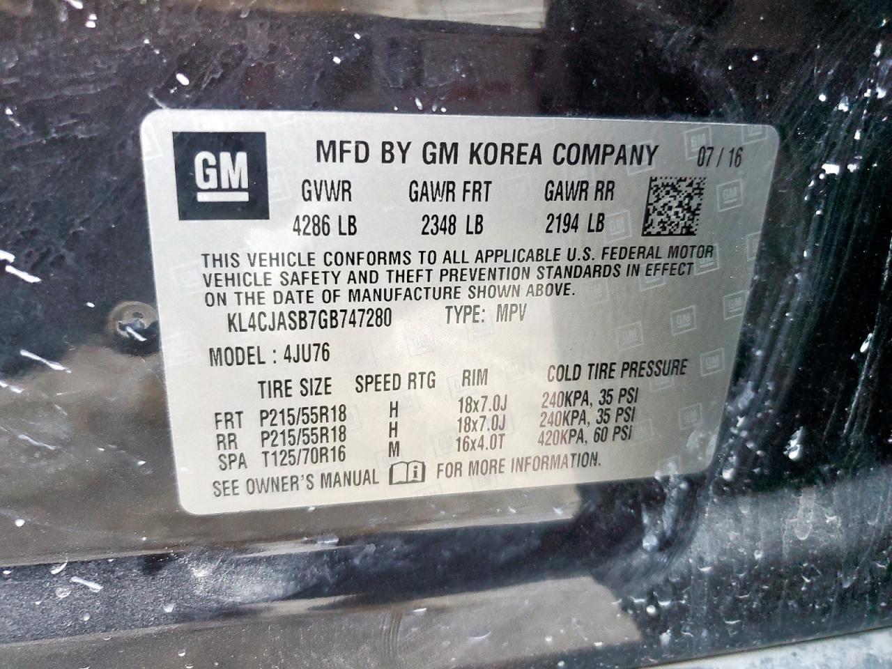 2016 Buick Encore VIN: KL4CJASB7GB747280 Lot: 92535425