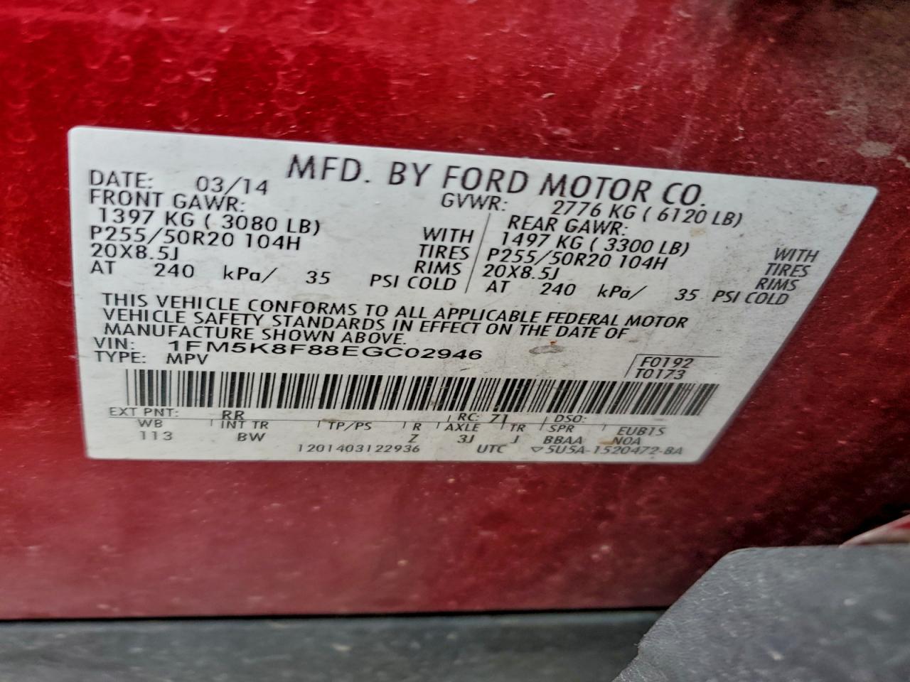 2014 Ford Explorer Limited VIN: 1FM5K8F88EGC02946 Lot: 94465215