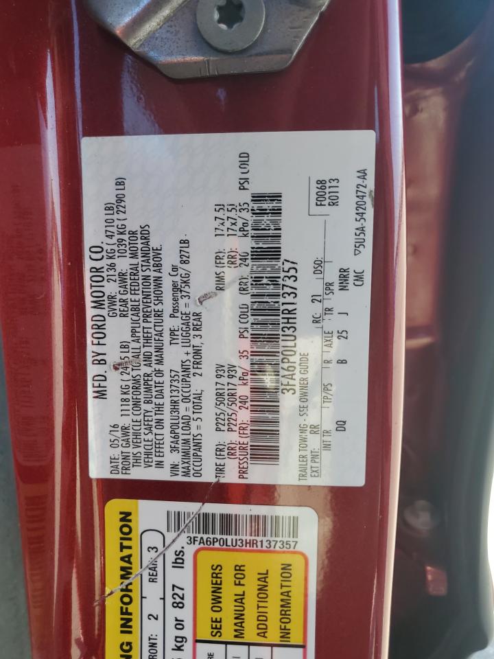 2017 Ford Fusion Se Hybrid VIN: 3FA6P0LU3HR137357 Lot: 91810525