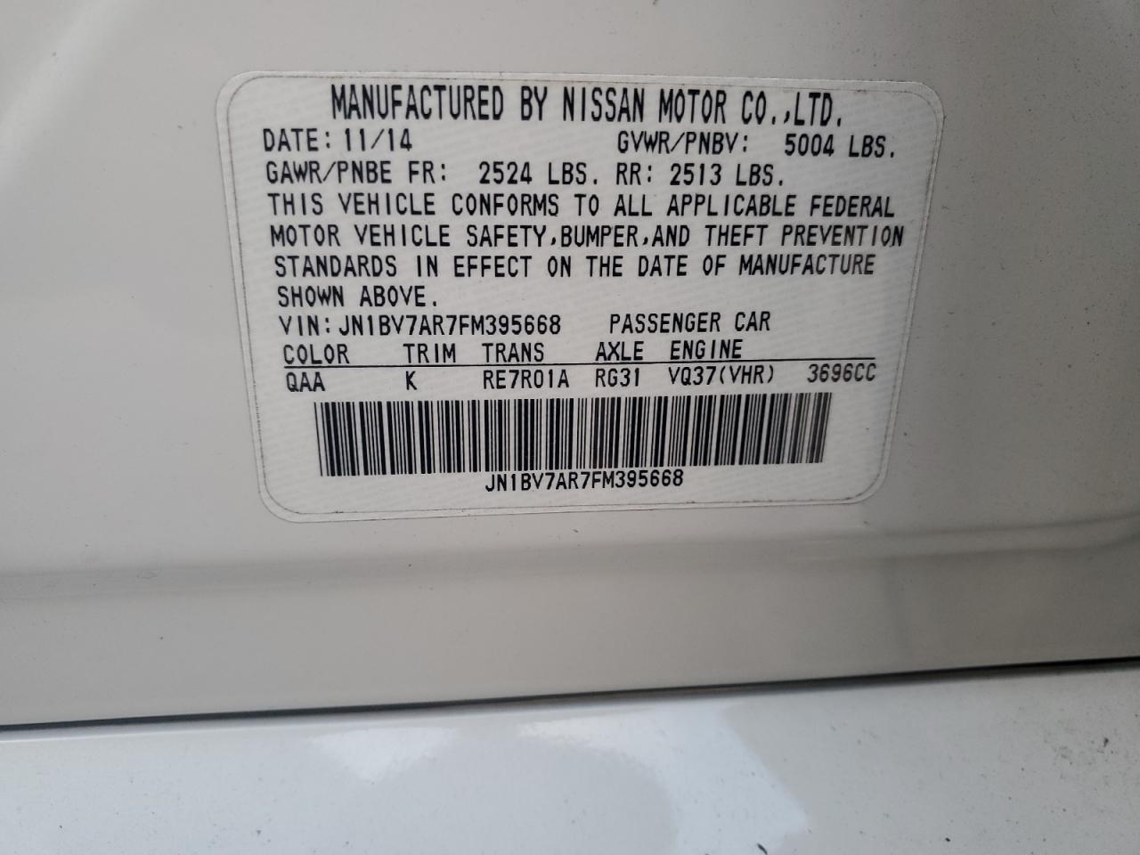 2015 Infiniti Q50 Base VIN: JN1BV7AR7FM395668 Lot: 92159775