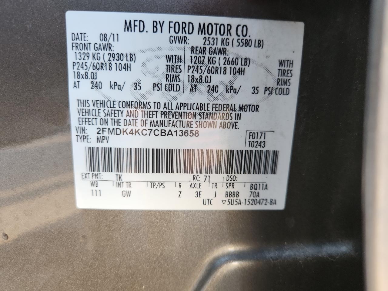 2012 Ford Edge Limited VIN: 2FMDK4KC7CBA13658 Lot: 91849335