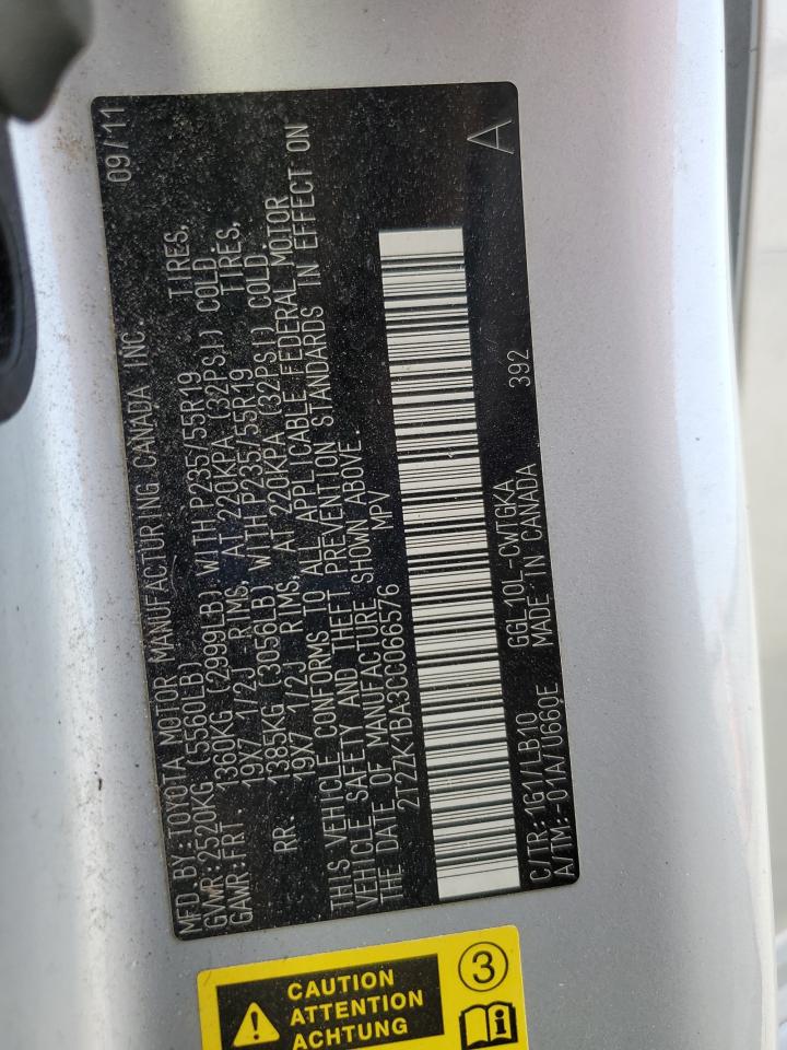 2012 Lexus Rx 350 VIN: 2T2ZK1BA3CC066576 Lot: 93350045