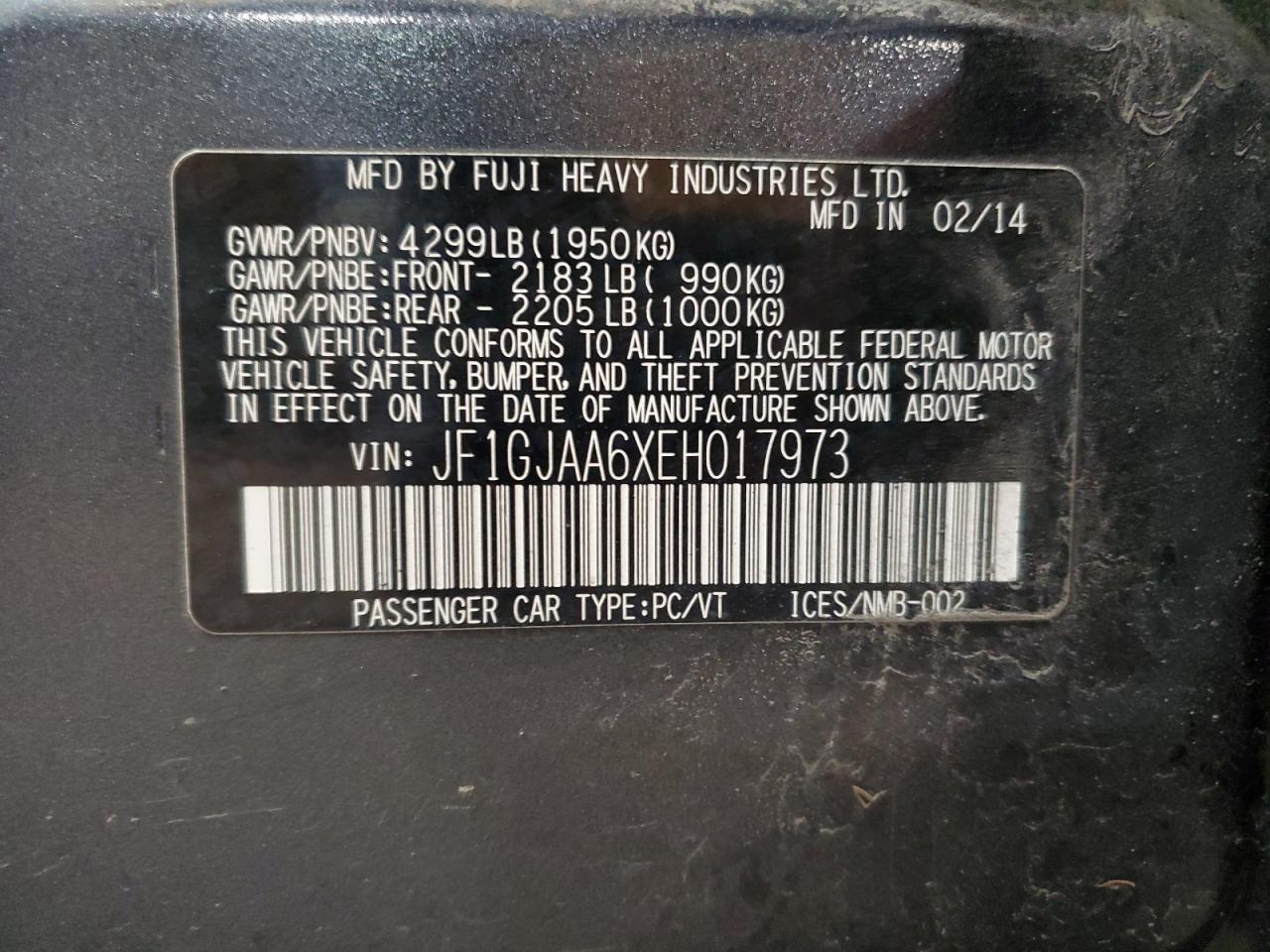 2014 Subaru Impreza VIN: JF1GJAA6XEH017973 Lot: 92380725