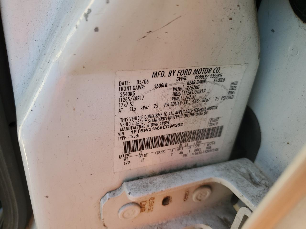 2006 Ford F250 Super Duty VIN: 1FTSW21566ED96282 Lot: 91259835