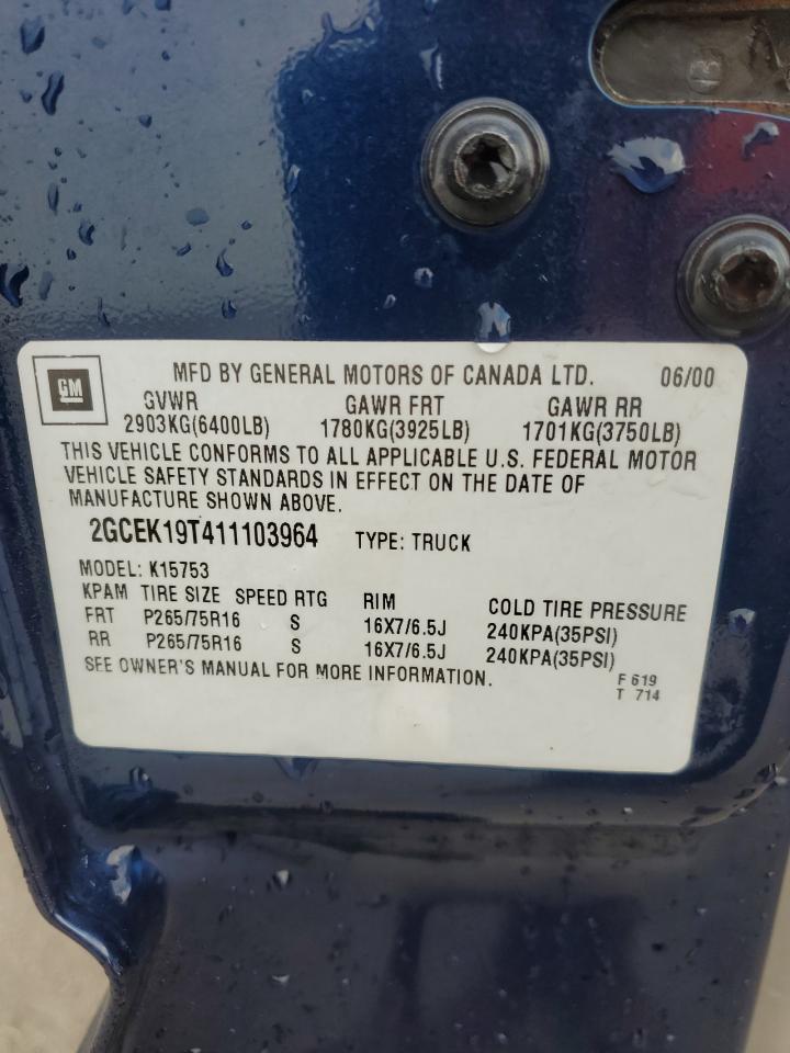 2001 Chevrolet Silverado K1500 VIN: 2GCEK19T411103964 Lot: 91228485