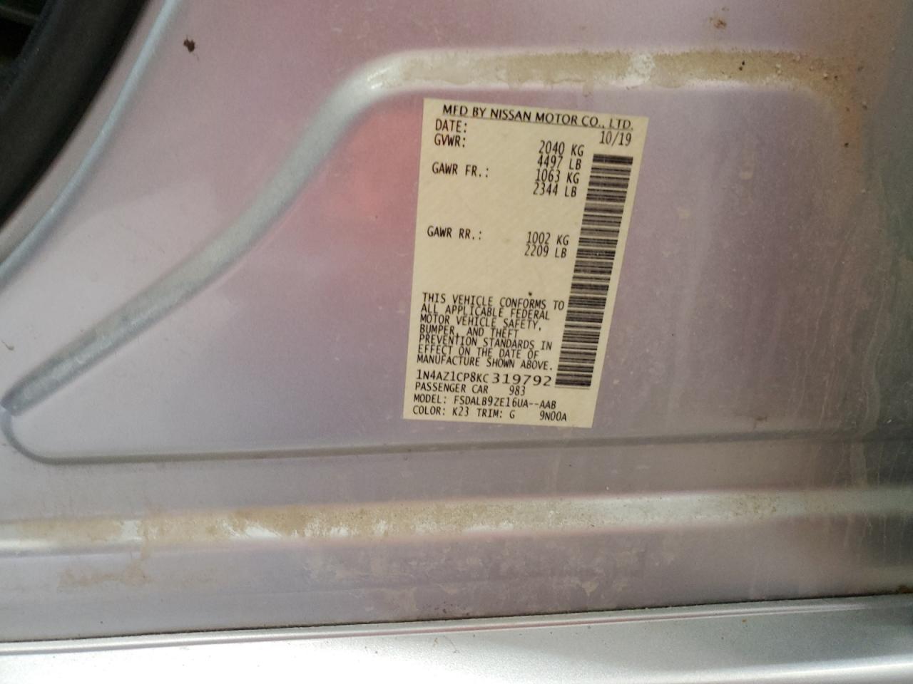 2019 Nissan Leaf S VIN: 1N4AZ1CP8KC319792 Lot: 92214935