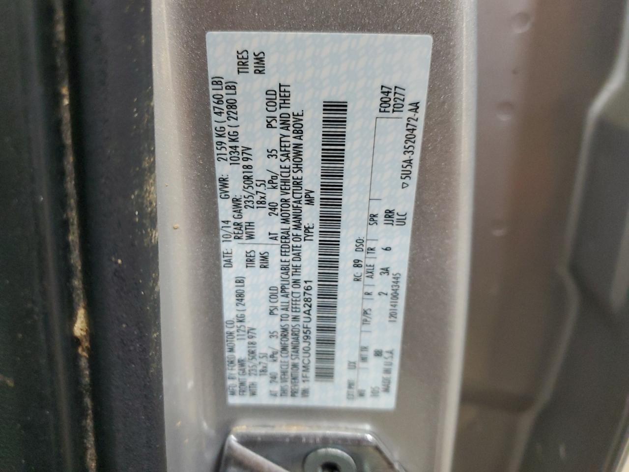 2015 Ford Escape Titanium VIN: 1FMCU0J95FUA28761 Lot: 93713095