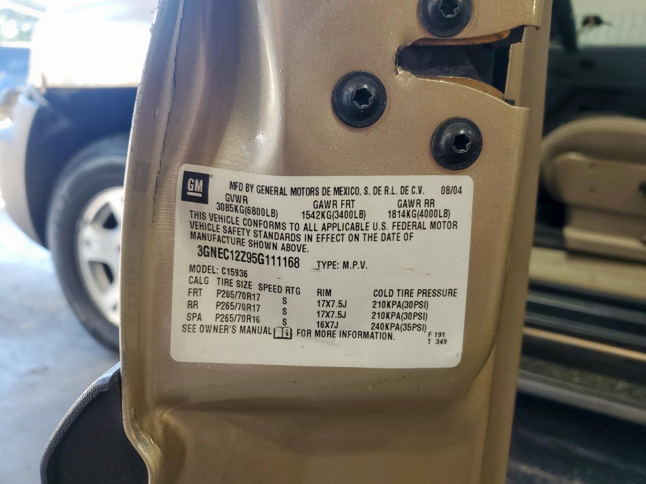 2005 Chevrolet Avalanche C1500 VIN: 3GNEC12Z95G111168 Lot: 89519825