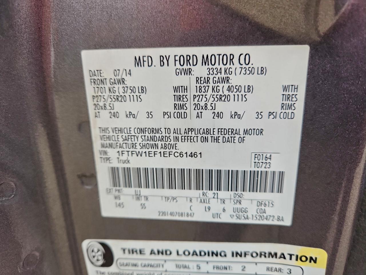 2014 Ford F150 Supercrew VIN: 1FTFW1EF1EFC61461 Lot: 94249455